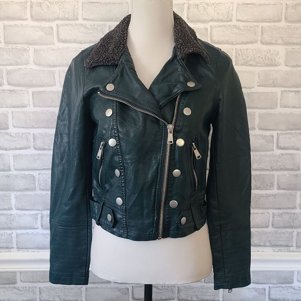 Vintage Jolt Faux Leather Moto Jacket Teal Sherpa Collar Y2K Biker Rocker Small